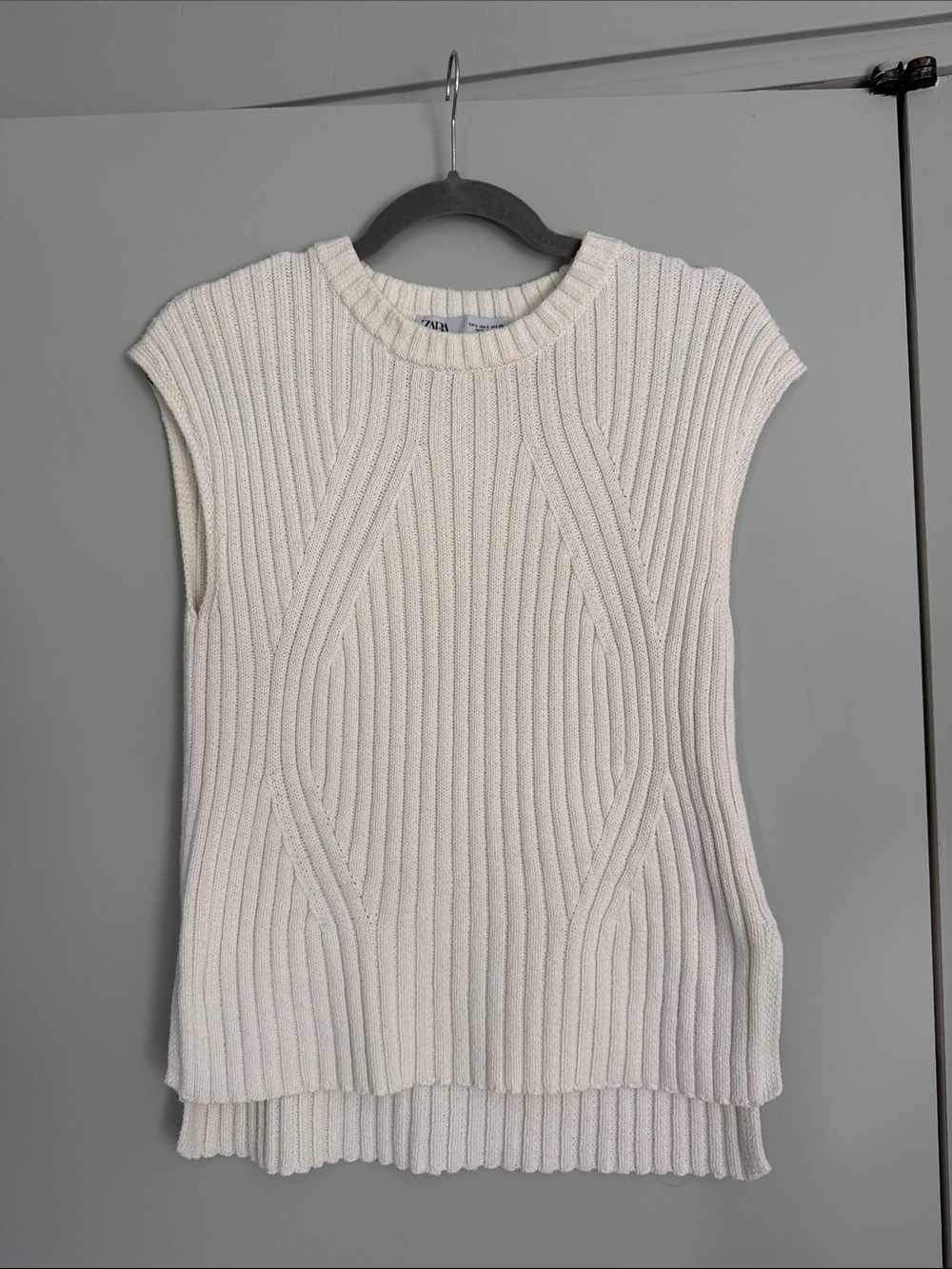 Zara Ivory Ribbed Cap-Sleeve Knit Top